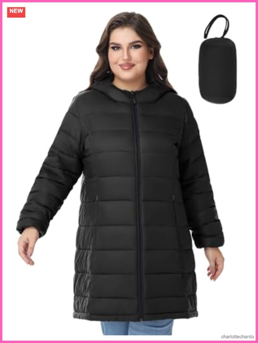Plus Size Packable Puffer Jacket Quilted Hooded Water Repellent